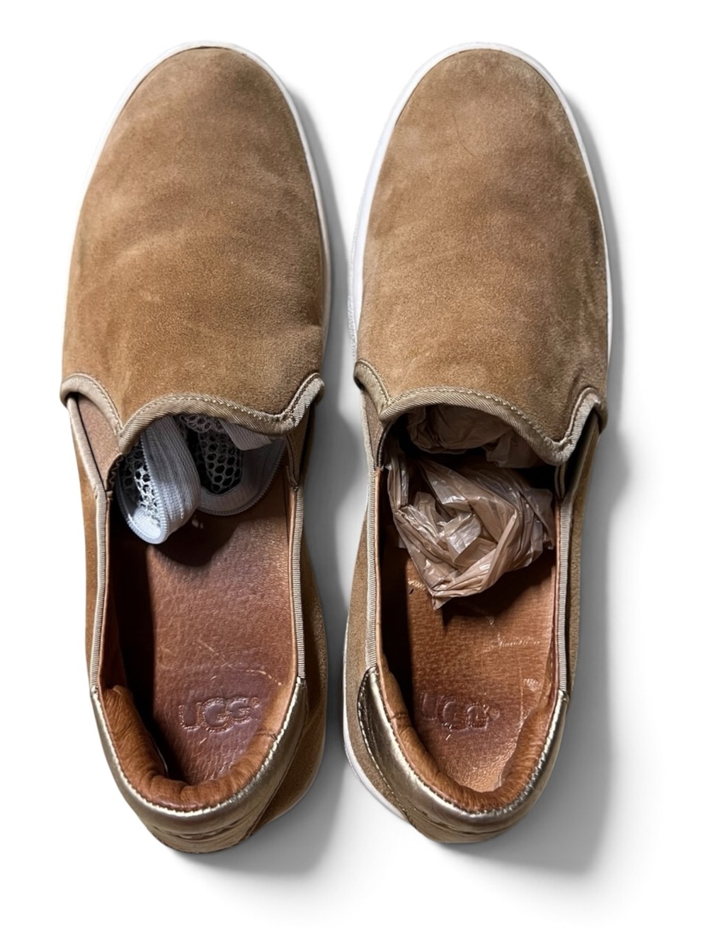 UGG Jass Chestnut Suede Metallic Gold Accent Slip On Sneakers 8.5